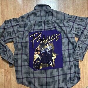 Prince Upcycled Flannel Gray Purple Plaid Button Up Shirt Grunge Size Large